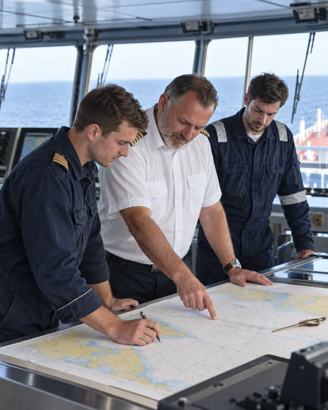 Illustration of maritime officers planning a voyage on the bridge